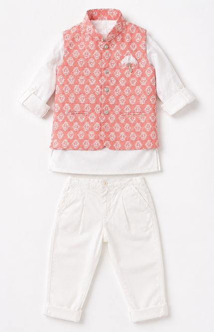 Ethnic Printed Jacket Set with White Kurta & Pants