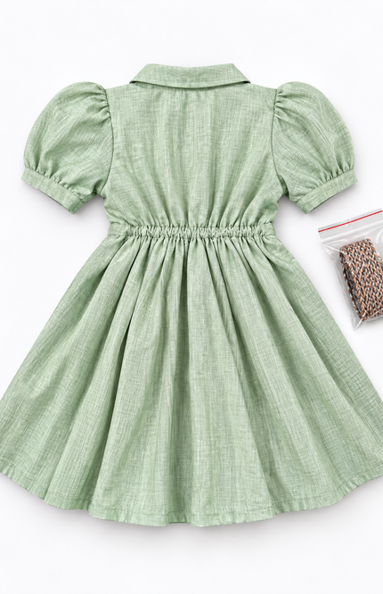 Girls’ Green Embroidered Shirt Dress with Braided Belt