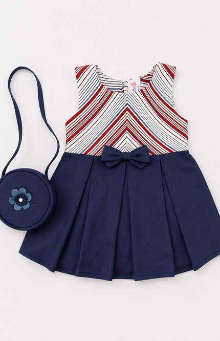 Stripe Dress with Navy Pleated Skirt
