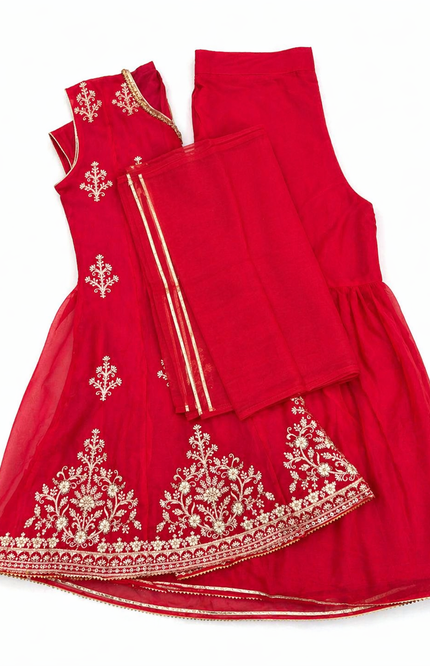 Girls Festive Rani Kurti Palazzo Set with Dupatta