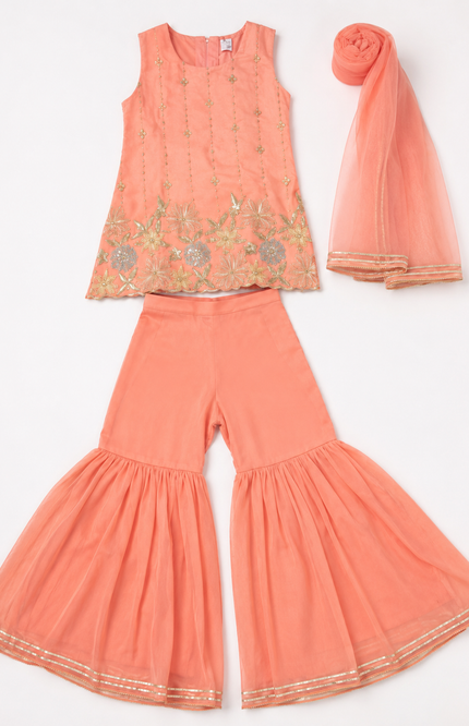 Peach Flared Sharara Set with Dupatta for Girls