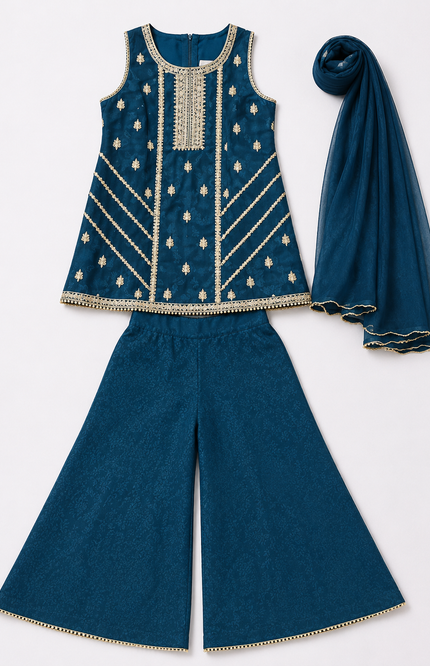 Teal Embroidered Kids Co-Ord Set with Dupatta